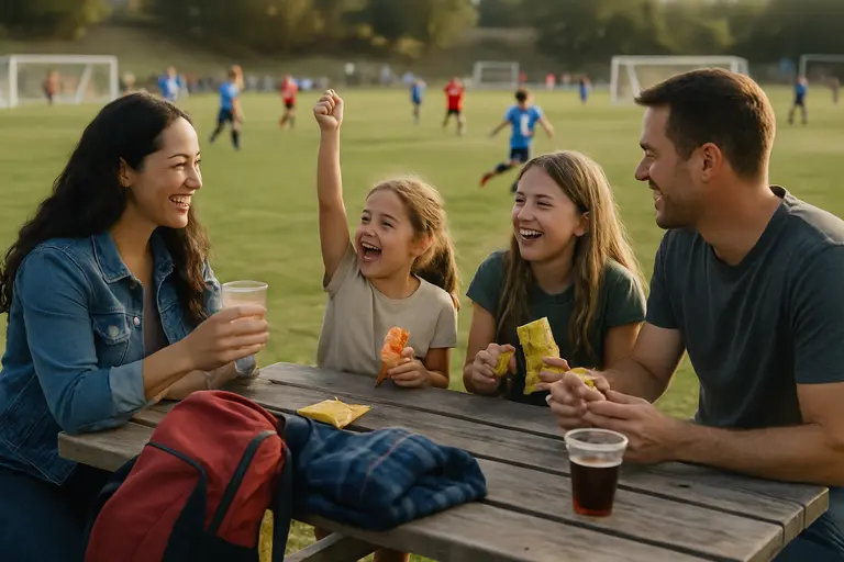 Families seated near a youth soccer field with coolers and chairs