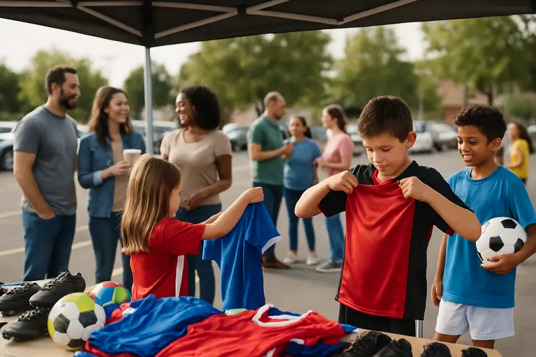 Families gathered near multiple youth soccer fields on a weekend