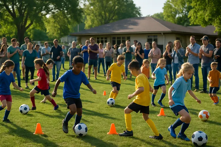 Families watching youth soccer from the sideline at a community field