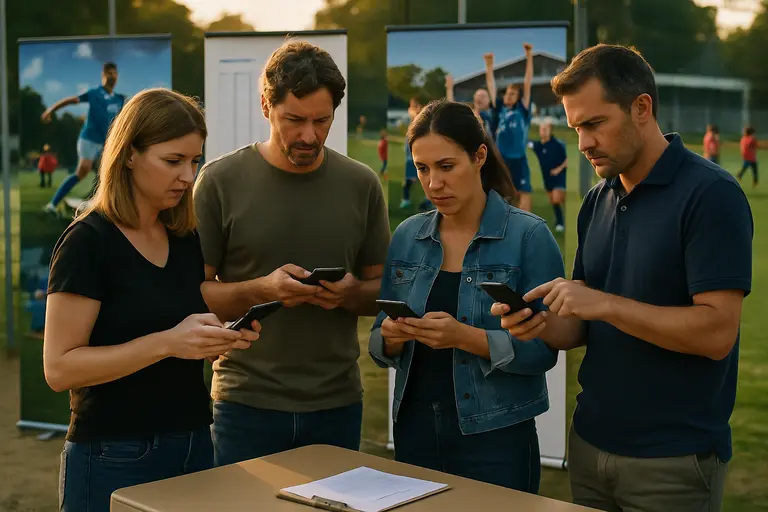 Coach reviews a youth soccer schedule with players beside a practice field