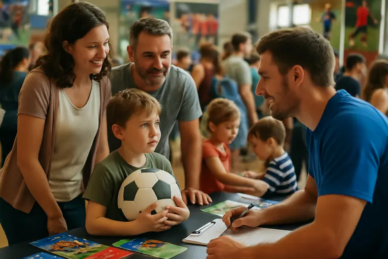 Parents and players gather near a registration table at a local soccer complex