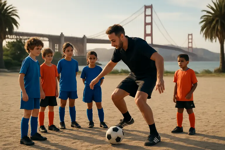 Soccer players warm up on a training field near the San Francisco waterfront