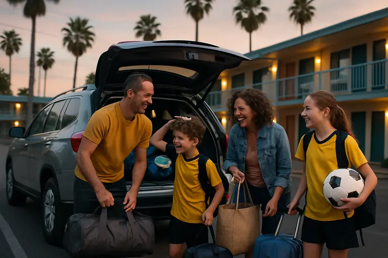 Soccer families pack chairs, water, and team bags near a parking area