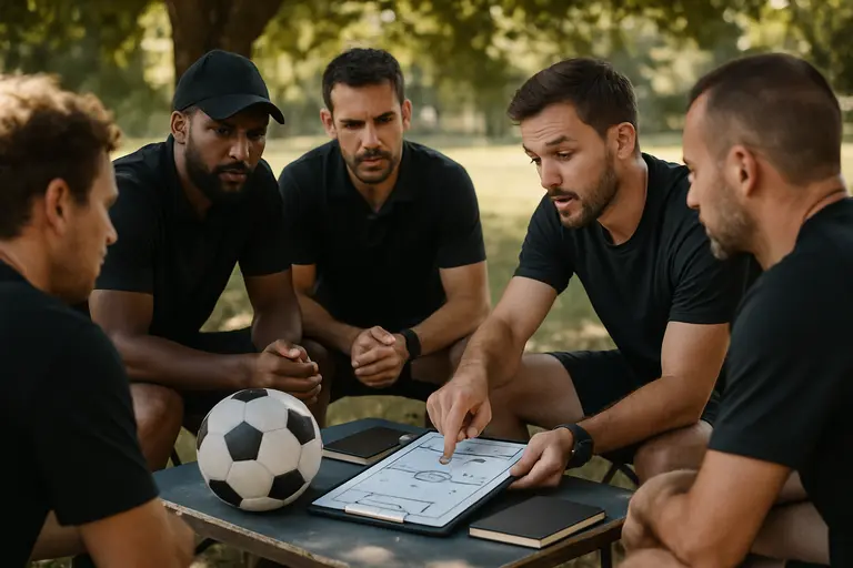 Coach pointing to a laptop while players gather in a small post-match circle