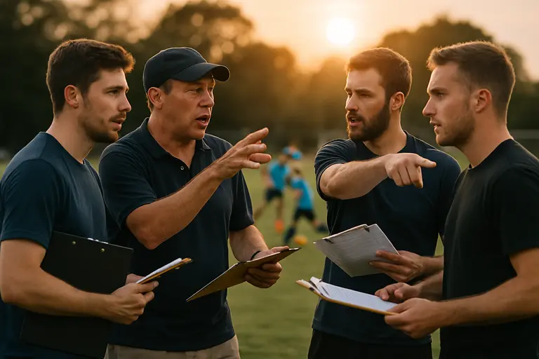 Coach speaking with youth soccer players during a tournament break