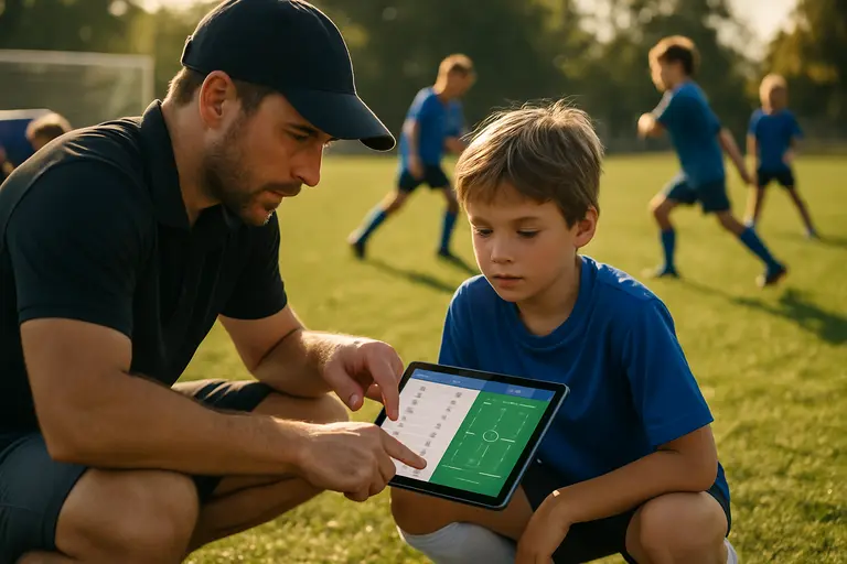 A coach reviews a practice plan while parents gather near the touchline