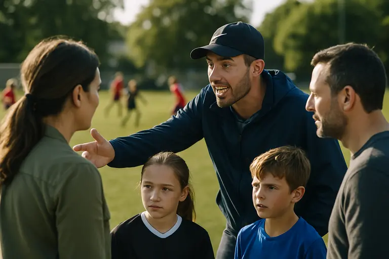 Coach speaking with parents beside cones and soccer balls at practice