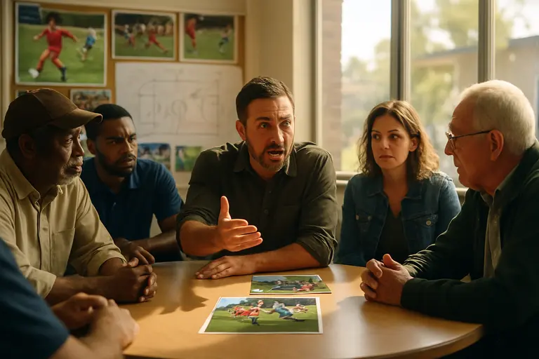 Coaches, parents, and local organizers meeting beside a community soccer field