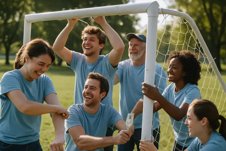Parents, coaches, and volunteers organizing gear near a community soccer field