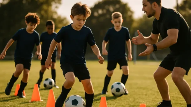 Cal North ODP players listening to a coach during a youth soccer training session