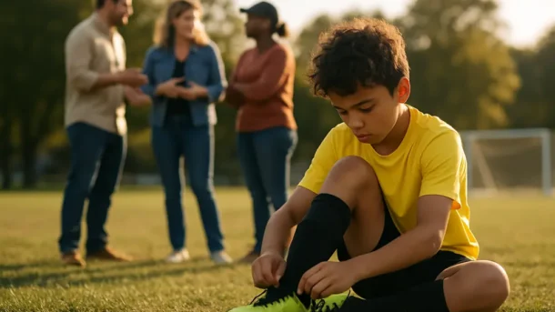 Cal South registration forms beside cleats at a youth soccer field