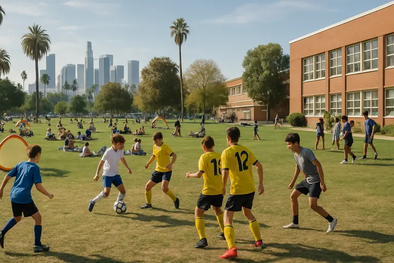 Children play small-sided soccer on a park field during an afternoon session