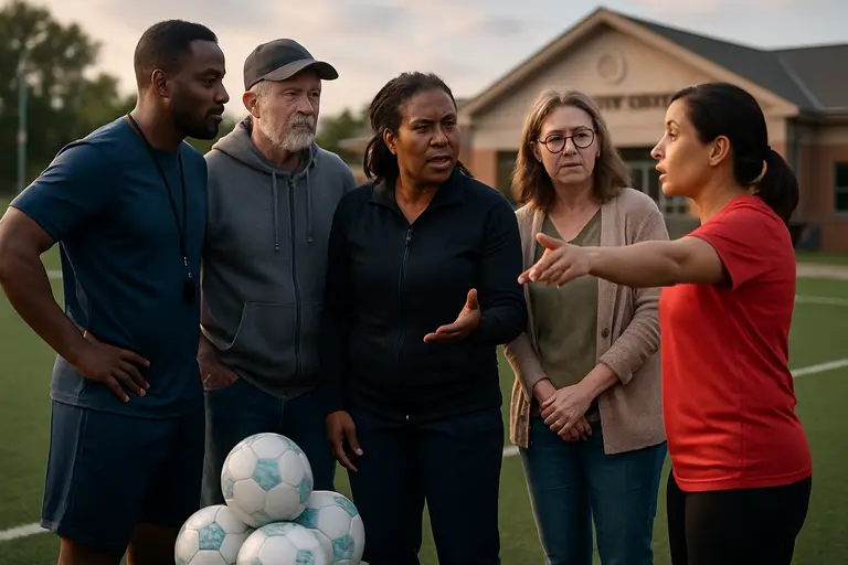 Coach handing soccer balls to children near a community field
