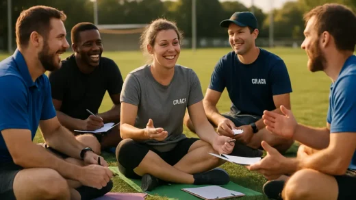 Coach mental health training discussion with youth soccer players and families after practice