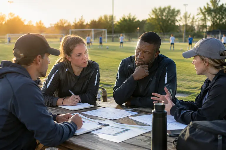 Coaches and parents review a youth soccer schedule beside a field