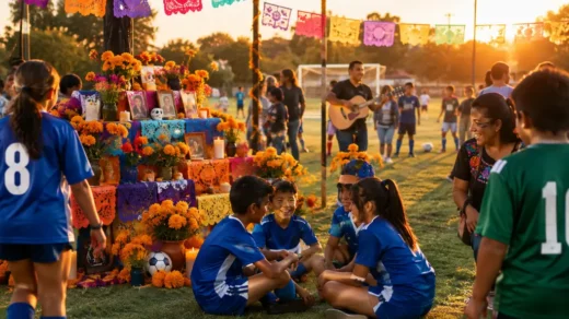 Dia De Los Muertos youth soccer players gathering before a California tournament match
