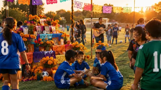Dia De Los Muertos youth soccer players gathering before a California tournament match