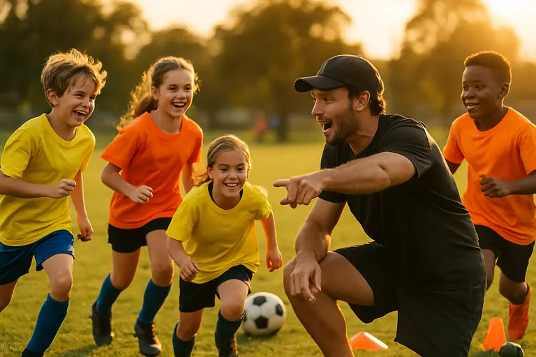 Older youth players help younger children dribble through cones during a clinic
