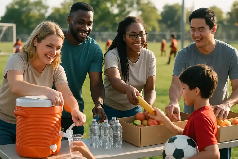 Parents and coaches gathered near a community soccer field after youth practice