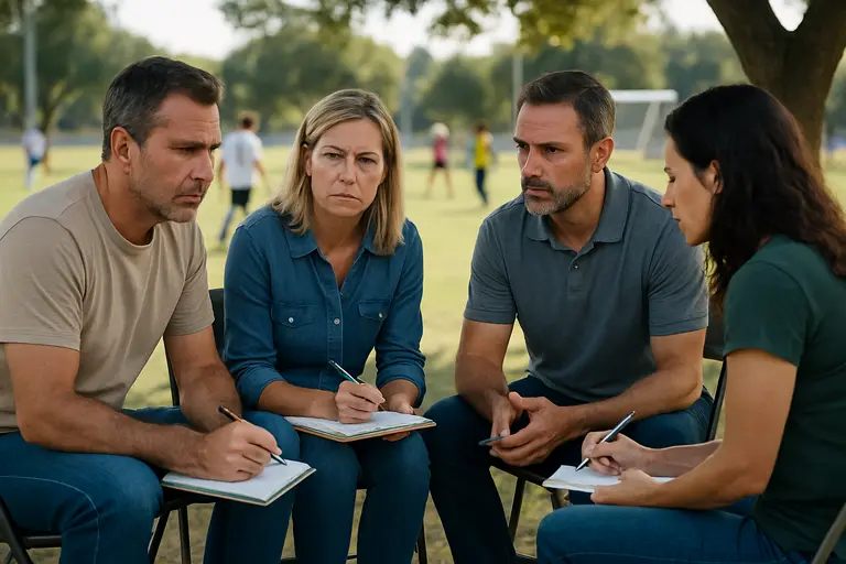Parents and coaches talking beside a soccer field before practice