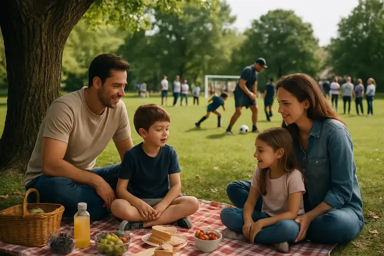 Parents and coaches talking beside a youth soccer practice at a community field