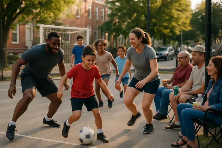 Parents and coaches watch youth players use a neighborhood field