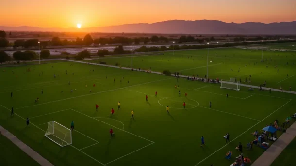 Salinas Regional Soccer Complex fields with youth players warming up before practice