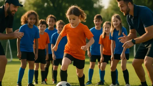 Youth players at soccer clinics practicing near recycling stations in Orange County