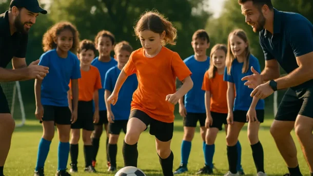 Youth players at soccer clinics practicing near recycling stations in Orange County