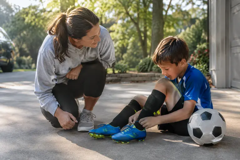 Volunteer coach talks with youth players before a recreational soccer game