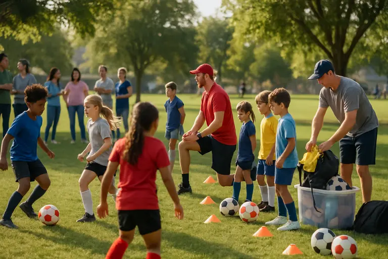 Young soccer players gathering with classmates before practice