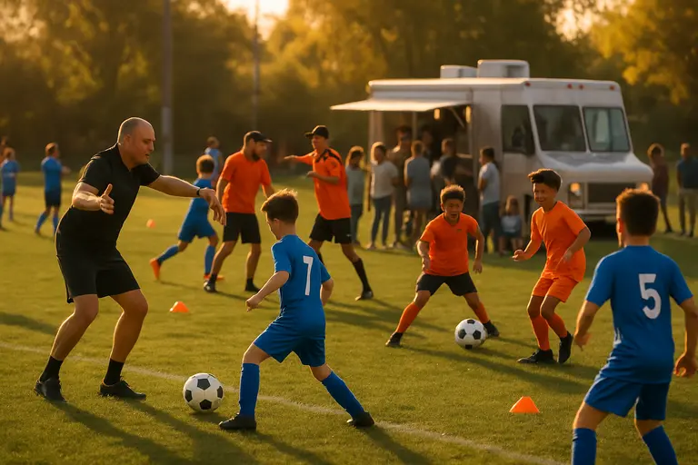 Youth soccer players and families gathering near small businesses after matches