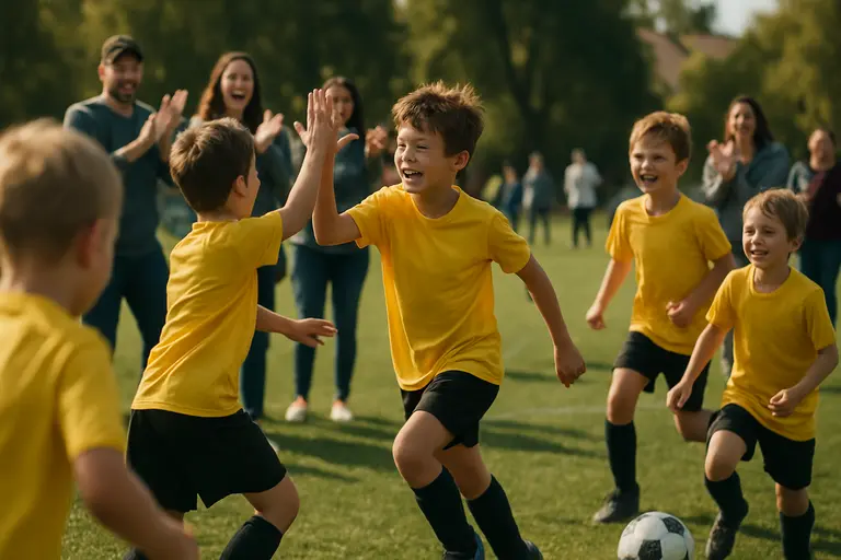 Youth soccer team listening to a coach near cones before a local league game